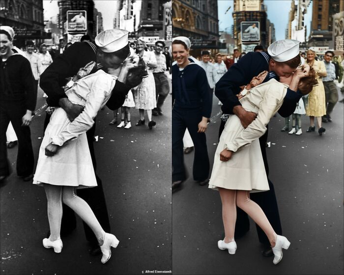 Side-by-side comparison of a vintage black-and-white photograph restored with color by a colorization artist.