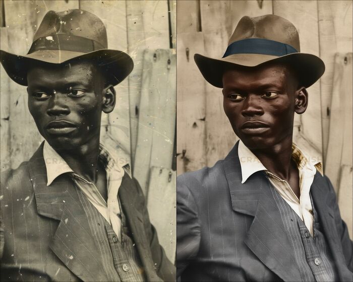Side-by-side vintage black-and-white and colorized portraits of a man wearing a hat and suit by a colorization artist.
