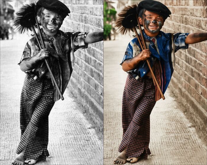 Side-by-side black-and-white and colorized image of a vintage child chimney sweep holding brushes near a brick wall.
