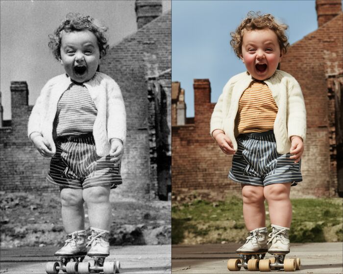 Side-by-side comparison of a vintage black-and-white photograph and its colorized version by a colorization artist.