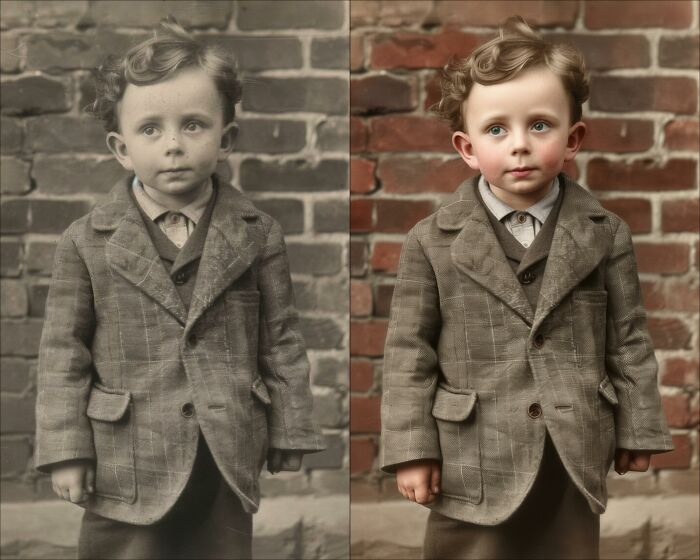 Side-by-side comparison of a vintage black-and-white photograph and its colorized version of a young boy in a jacket.