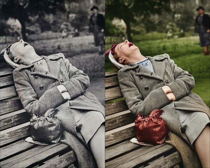 Side-by-side comparison of a vintage black-and-white photograph and its colorized version by a colorization artist.