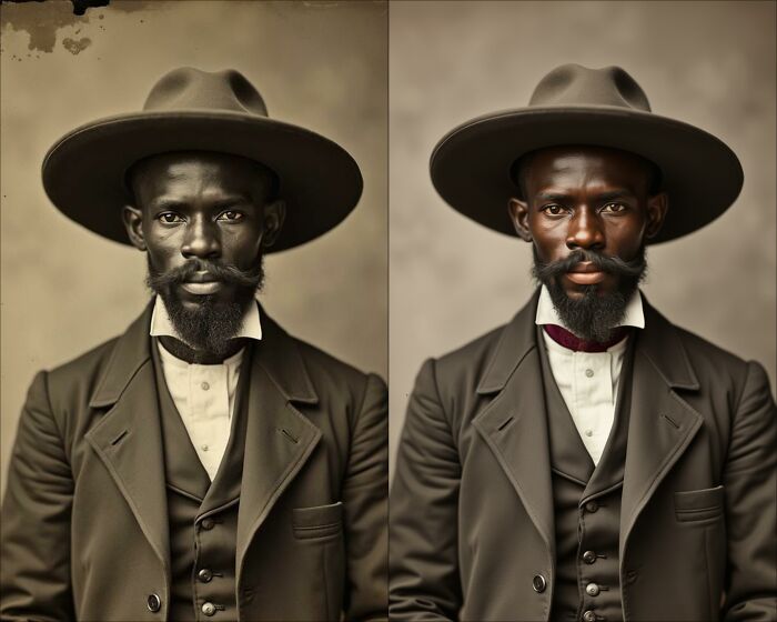 Side-by-side vintage portrait showing original black-and-white and colorized restoration by a colorization artist.