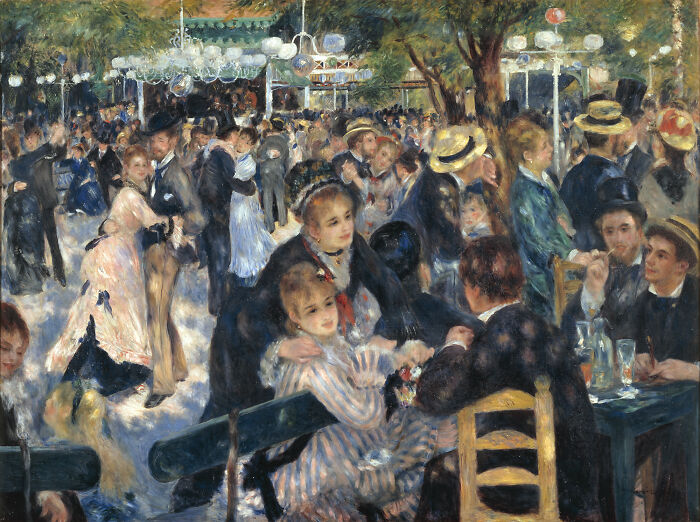 Impressionist painting showing people socializing and dancing outdoors, illustrating famous paintings that changed art forever.