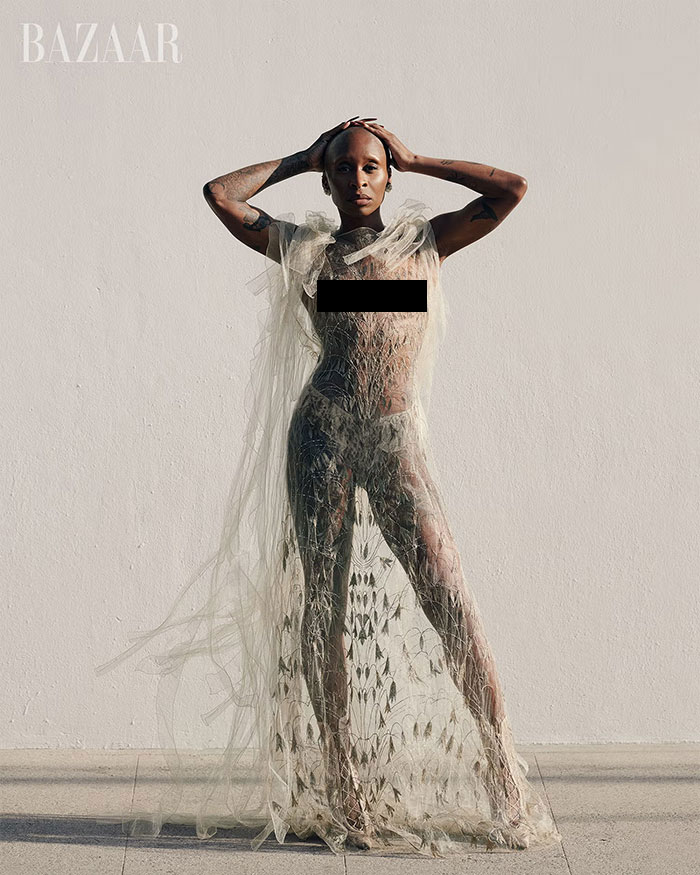 Cynthia Erivo posing in a sheer, intricate gown in a Harper's Bazaar shoot sparking grotesque reactions online. Cynthia Erivo posing in a sheer, intricate gown in a Harper's Bazaar shoot sparking grotesque reactions online.
