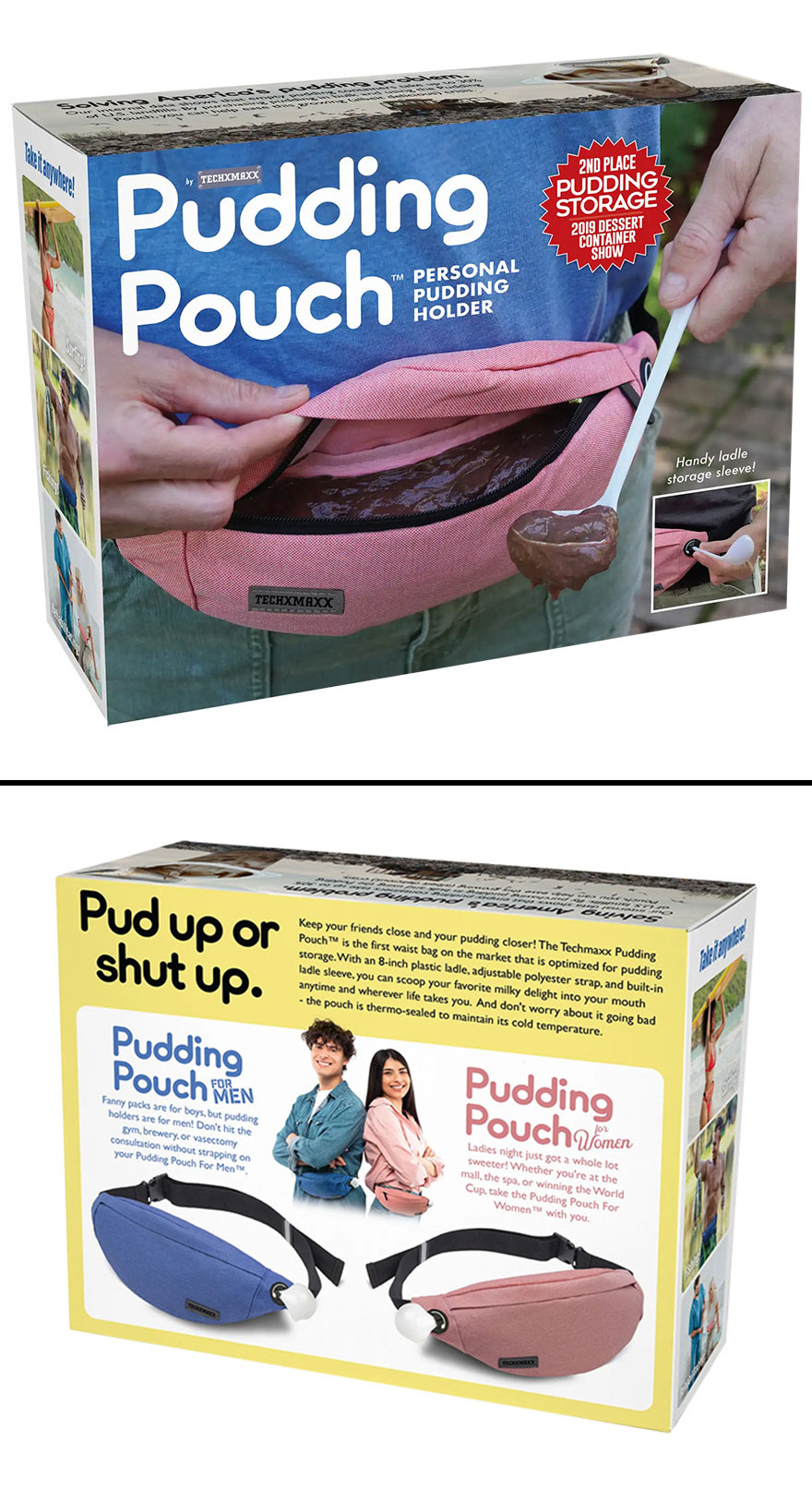 Box packaging for a prank gift product called Pudding Pouch, a funny fake gift for hilarious prank-o fans.