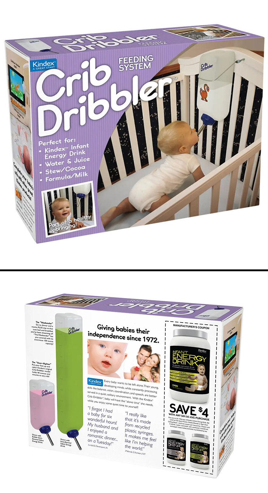 Baby using a Crib Dribbler feeding system prank box featured in hilarious fake flyers and gift boxes prank-O collection.