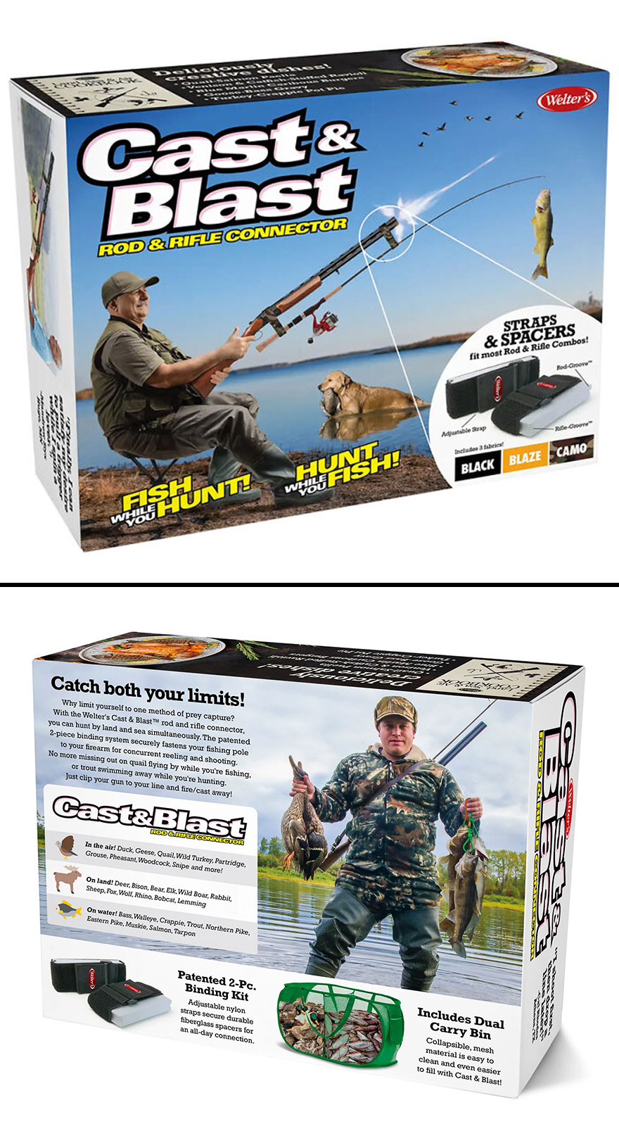 Prank-O fake gift box of Cast & Blast rod and rifle connector, designed to hilariously confuse your friends.
