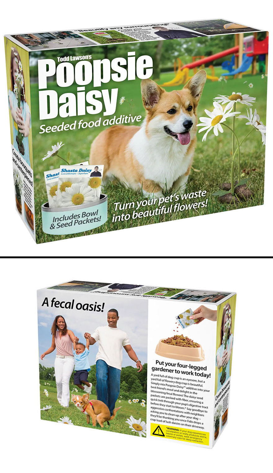 Hilarious prank gift box showing Poopsie Daisy seeded food additive turning pet waste into flowers.