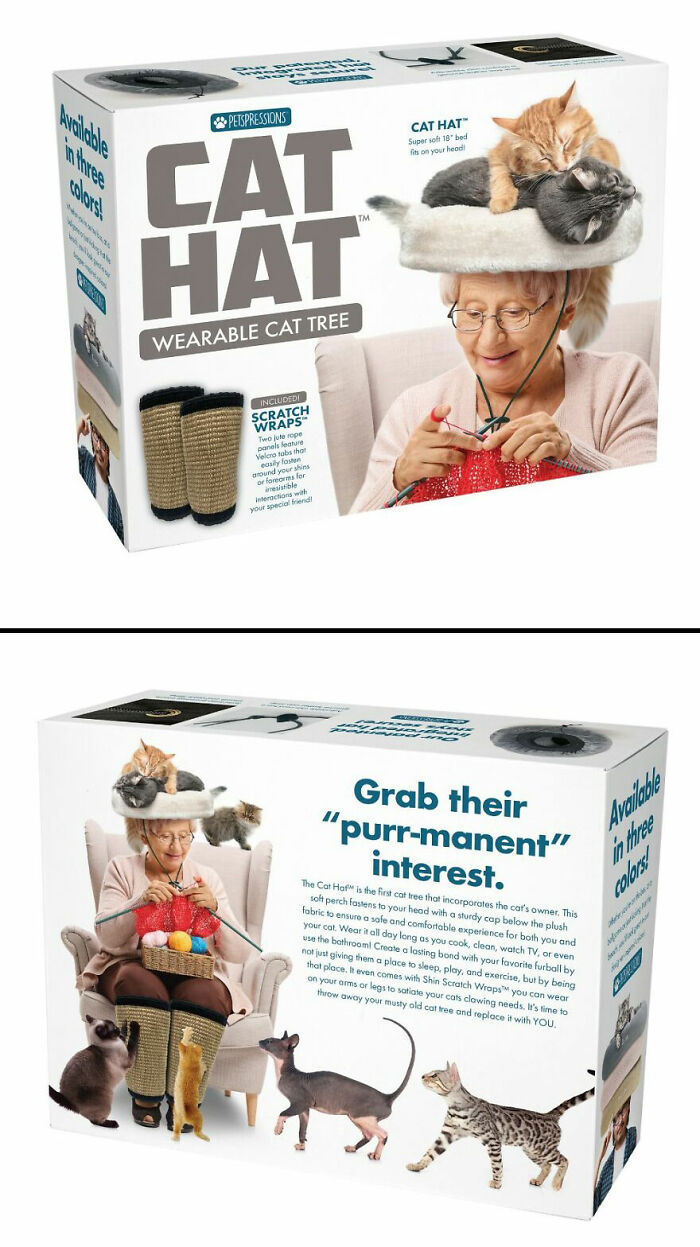 Box of a wearable cat tree prank gift with an elderly woman wearing the cat hat surrounded by playful cats.