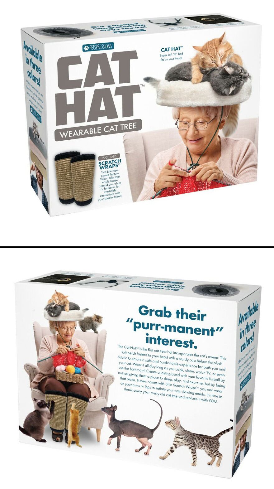 Wearable cat tree prank gift box showing an elderly woman with cats, a funny fake flyer from prank-o.