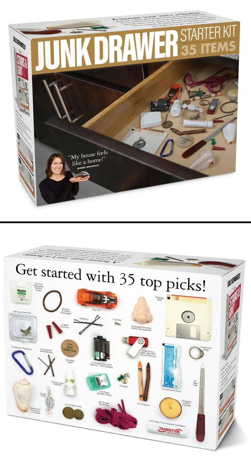 Junk drawer starter kit with 35 fake items for hilarious prank gifts to confuse friends in prank-O collection.