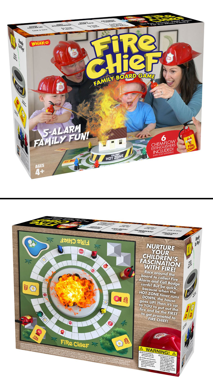 Family playing Fire Chief board game with fire helmets and toy extinguishers, a fun prank-o gift box idea.