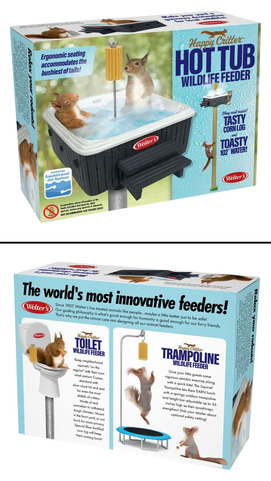 Packaging of funny Prank-O wildlife feeders including hot tub, toilet, and trampoline designs for squirrels.