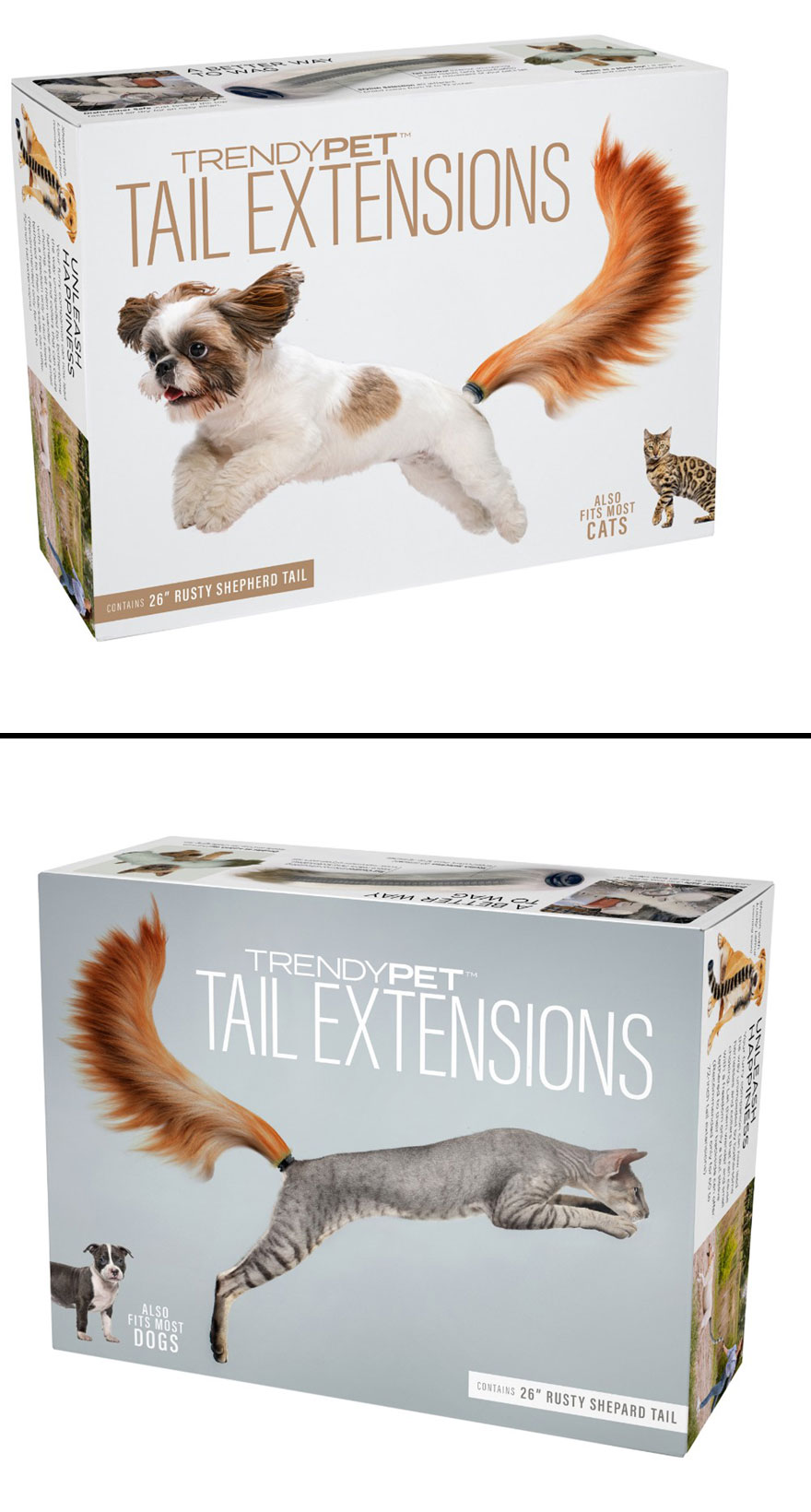 Funny prank-O pet tail extensions gift boxes showing dogs and cats with fake fluffy tails for confusing friends.