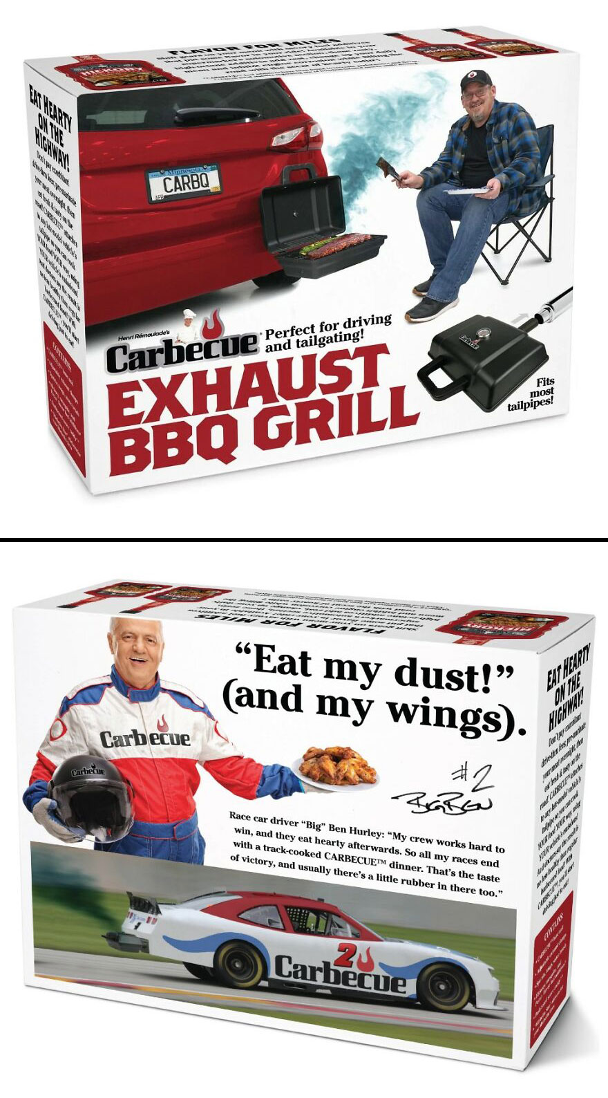 Novel prank-O exhaust BBQ grill gift box with a fake flyer showing a man grilling from a car tailpipe.
