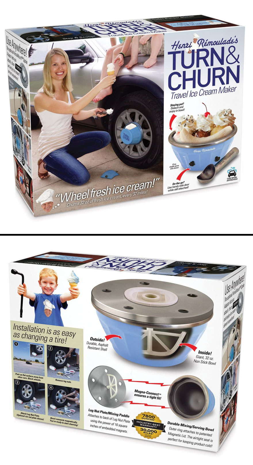 Travel ice cream maker prank gift box showing fake tire attachment for fresh ice cream on the go to confuse friends.