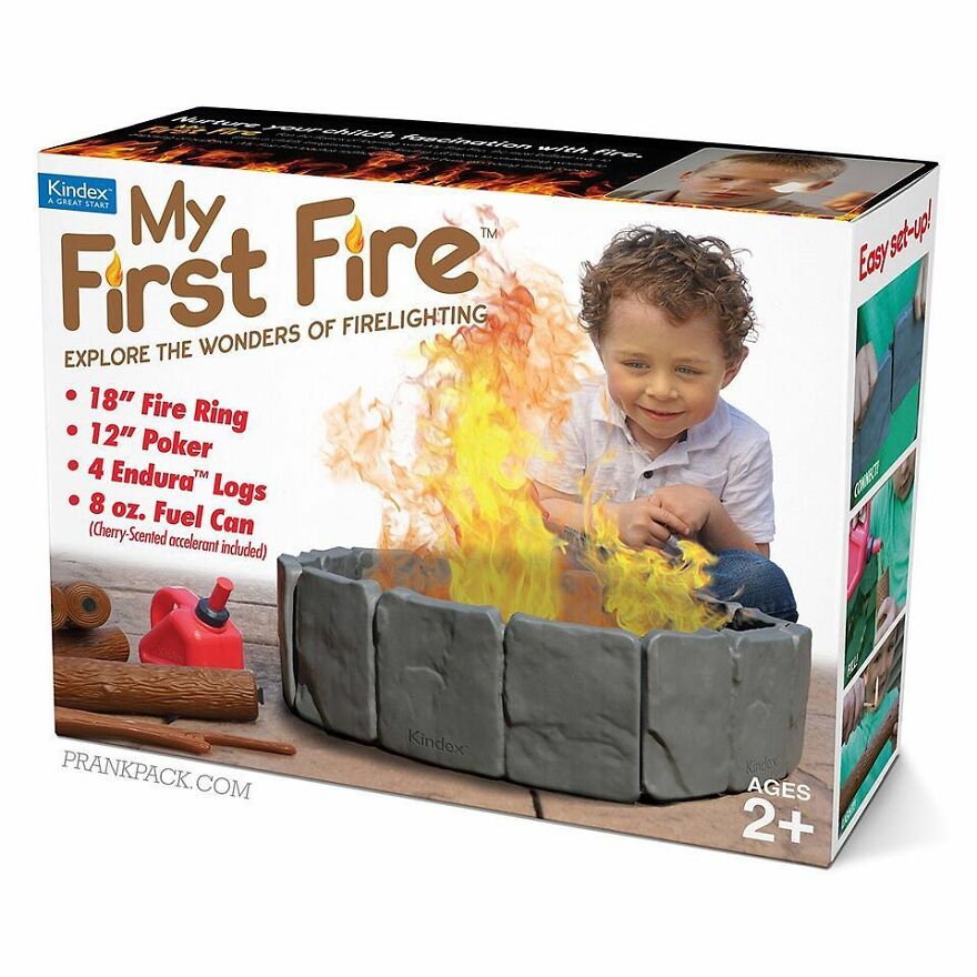Hilarious fake gift box prank showing a child with a fake fire pit to confuse friends with prank flyers and boxes.