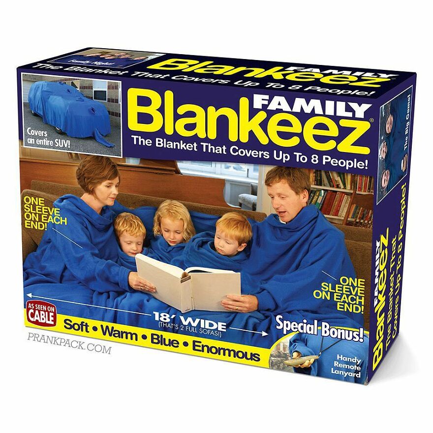 Family Blankeerz prank gift box showing a large wearable blanket that covers up to eight people.