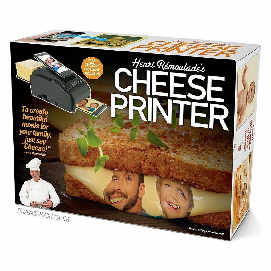 Cheese printer prank box showing a sandwich with faces printed on the cheese, a funny prank-O gift to confuse friends.