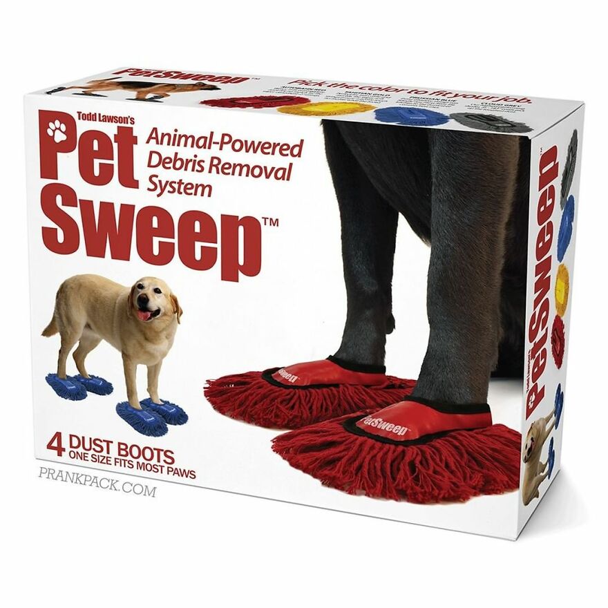 Pet Sweep animal-powered debris removal system prank gift box with dog wearing dust boots cleaning floors.