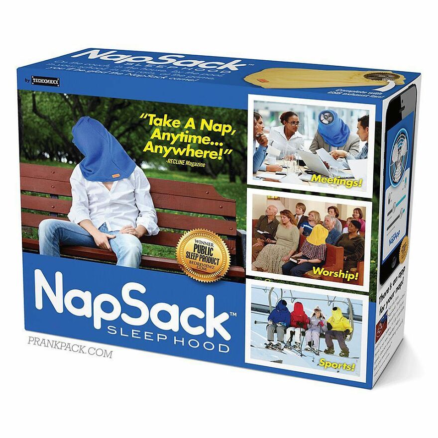 Fake gift box prank showing NapSack sleep hood for naps anytime, a hilarious prank-O item to confuse friends in meetings and sports.