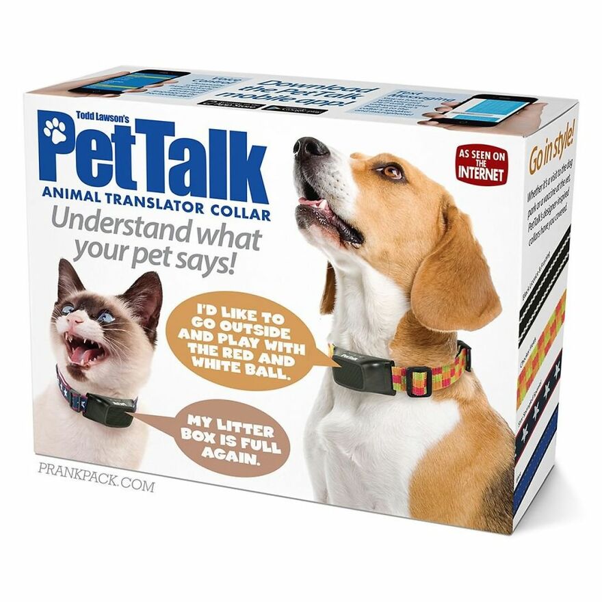PetTalk animal translator collar fake gift box from Prank-O, designed to hilariously confuse friends with pet translations.