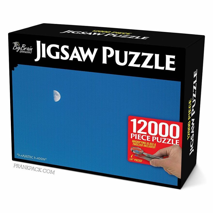 Jigsaw puzzle prank box showing a tiny moon image with 12000 pieces, a hilarious fake gift to confuse friends.