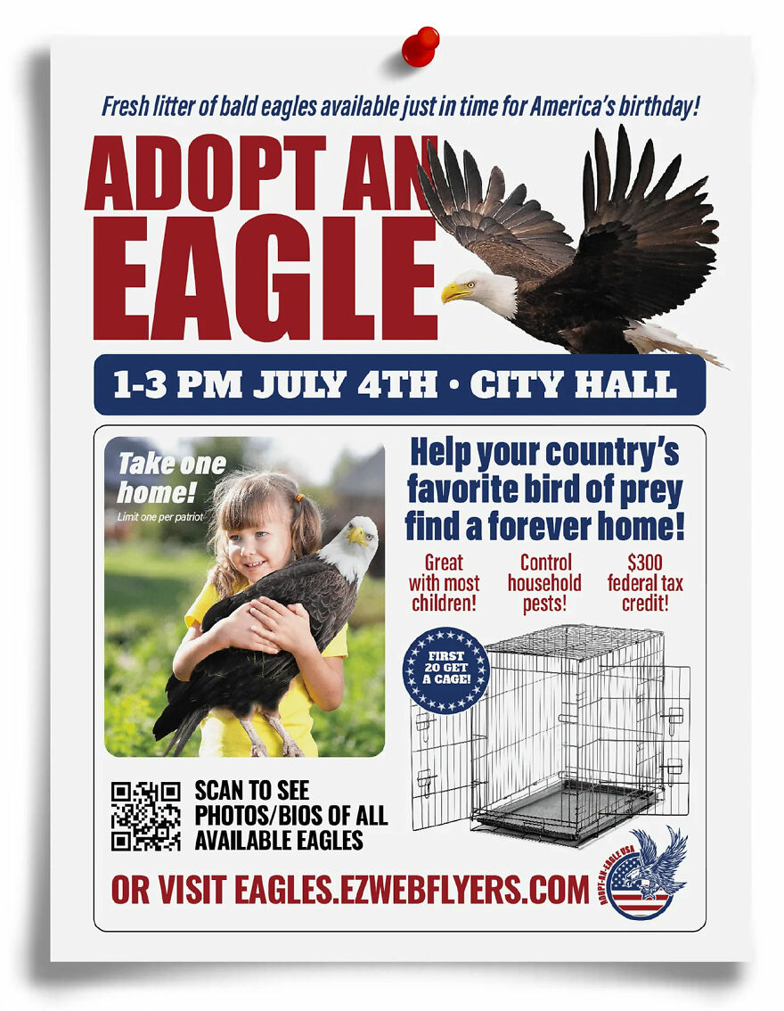 Fake flyer prank showing adopt an eagle event with girl holding eagle, cage image, and humorous details for prank-O gift boxes.
