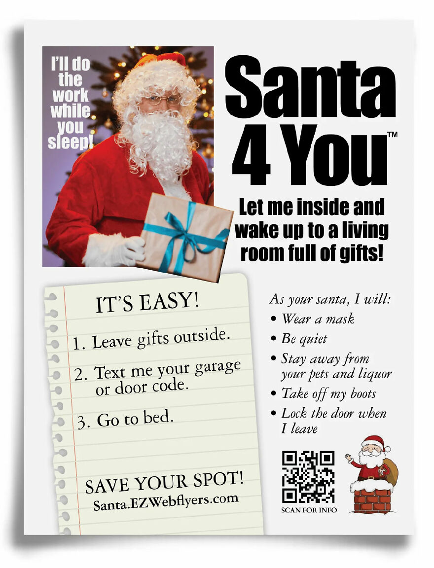 Hilarious prank flyer showing Santa offering to deliver gifts inside, part of fake flyers that confuse friends prank collection.