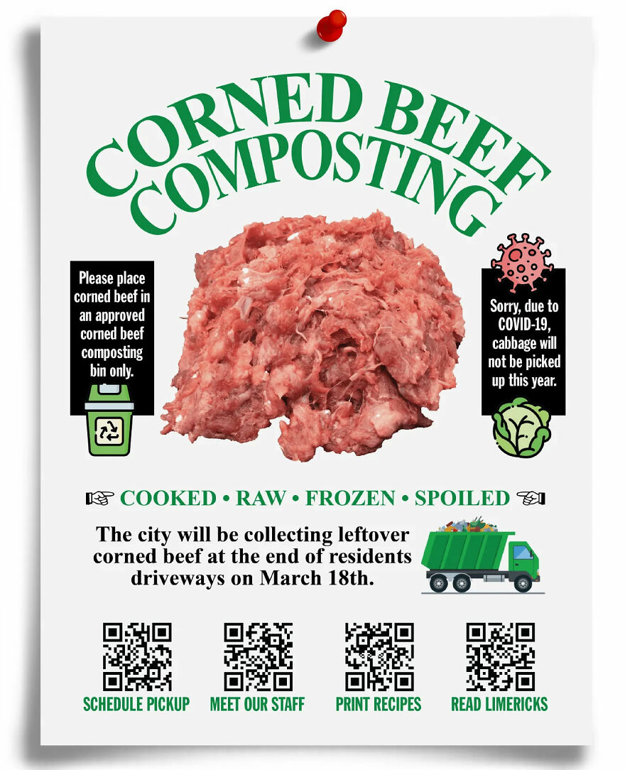 Fake flyer for corned beef composting humorously offering scheduled pickup, recipes, and limericks as part of prank-o gifts.