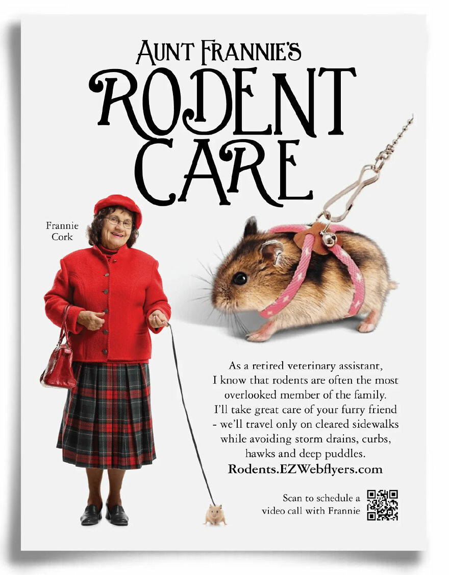 Hilarious fake flyer showing rodent care service with a hamster on a leash from prank-O gift boxes collection.
