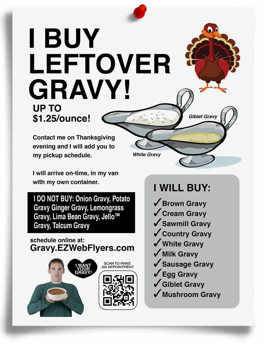 Funny fake flyer offering to buy leftover gravy with a turkey illustration, part of prank flyers and gift boxes collection.