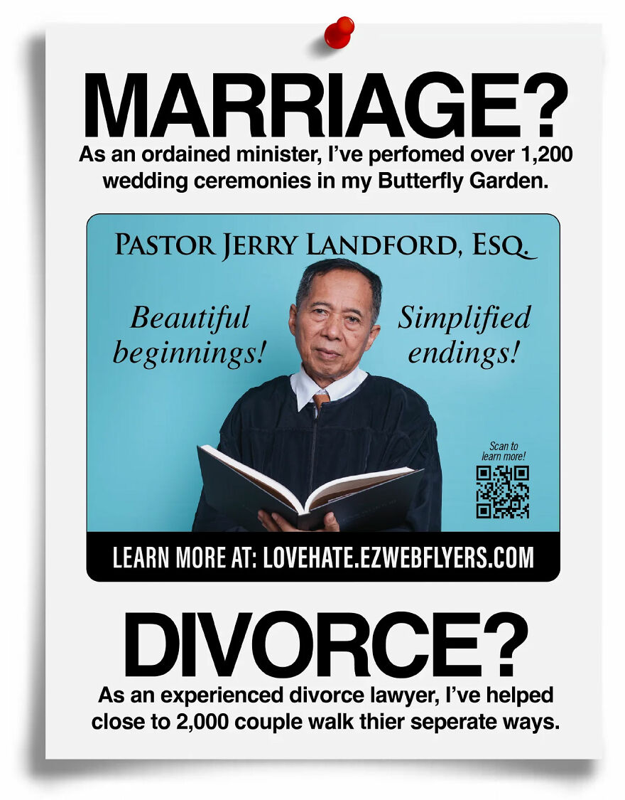 Fake flyer showing a humorous marriage and divorce service by Pastor Jerry Landford, part of prank flyers collection.
