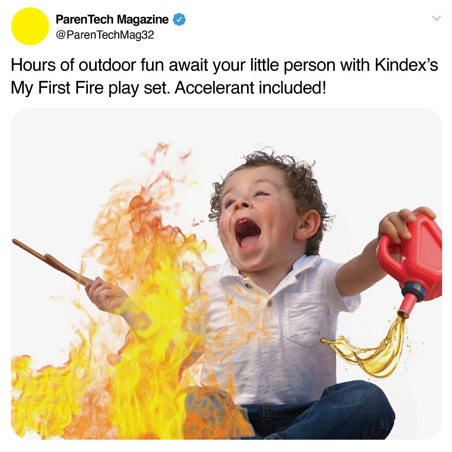 Child laughing while playing with a fake fire prank set, featuring flames and a toy fuel can for hilarious confusion.