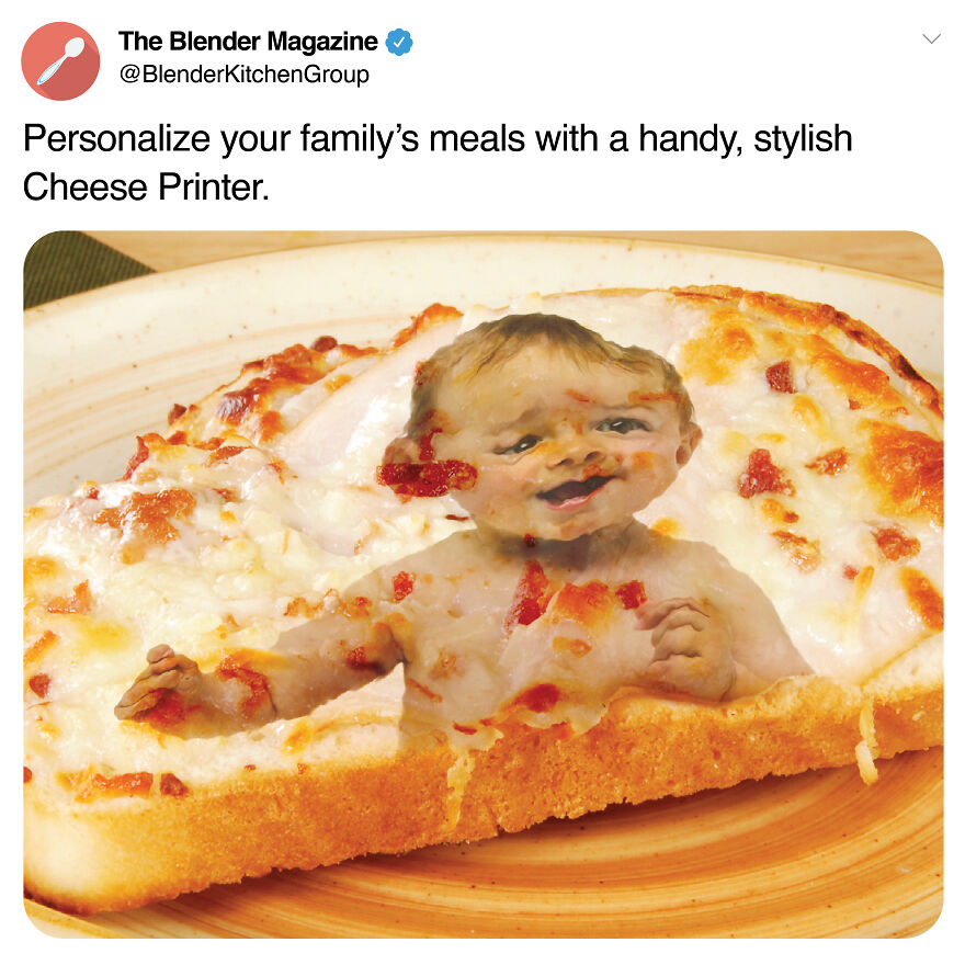 A hilarious prank flyer showing a cheesy pizza slice with a baby’s face and body printed on the cheese surface.