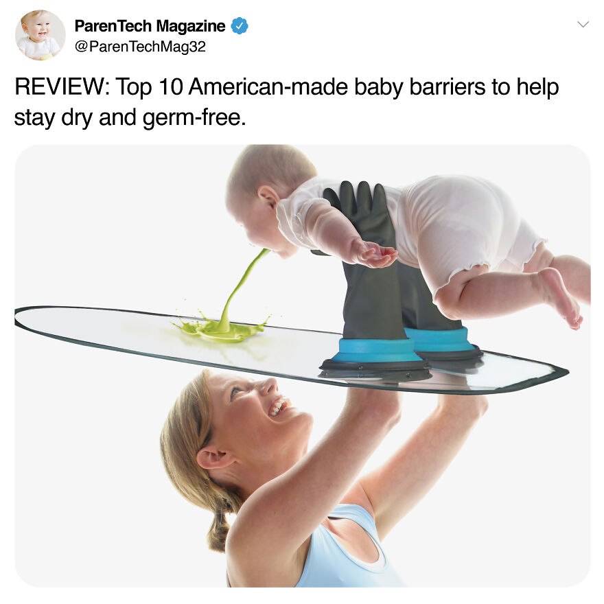 Baby held above clear surface with rubber gloves holding a baby vomiting prank flyer from Prank-O collection.