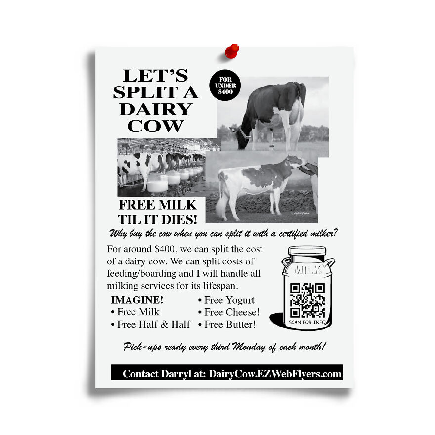 Fake flyer advertising splitting the cost of a dairy cow with free milk and dairy products as a prank joke.