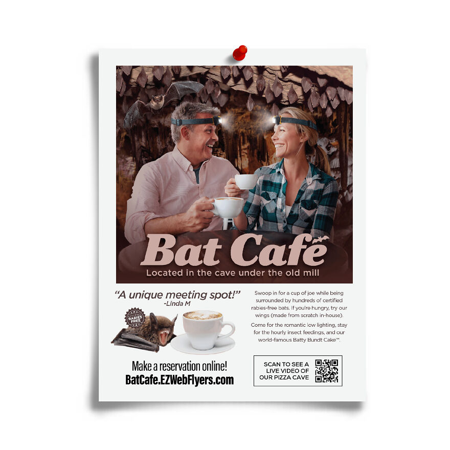 Fake flyer for Bat Cafe prank showing a couple with headlamps drinking coffee in a cave, part of hilarious prank flyer collection.