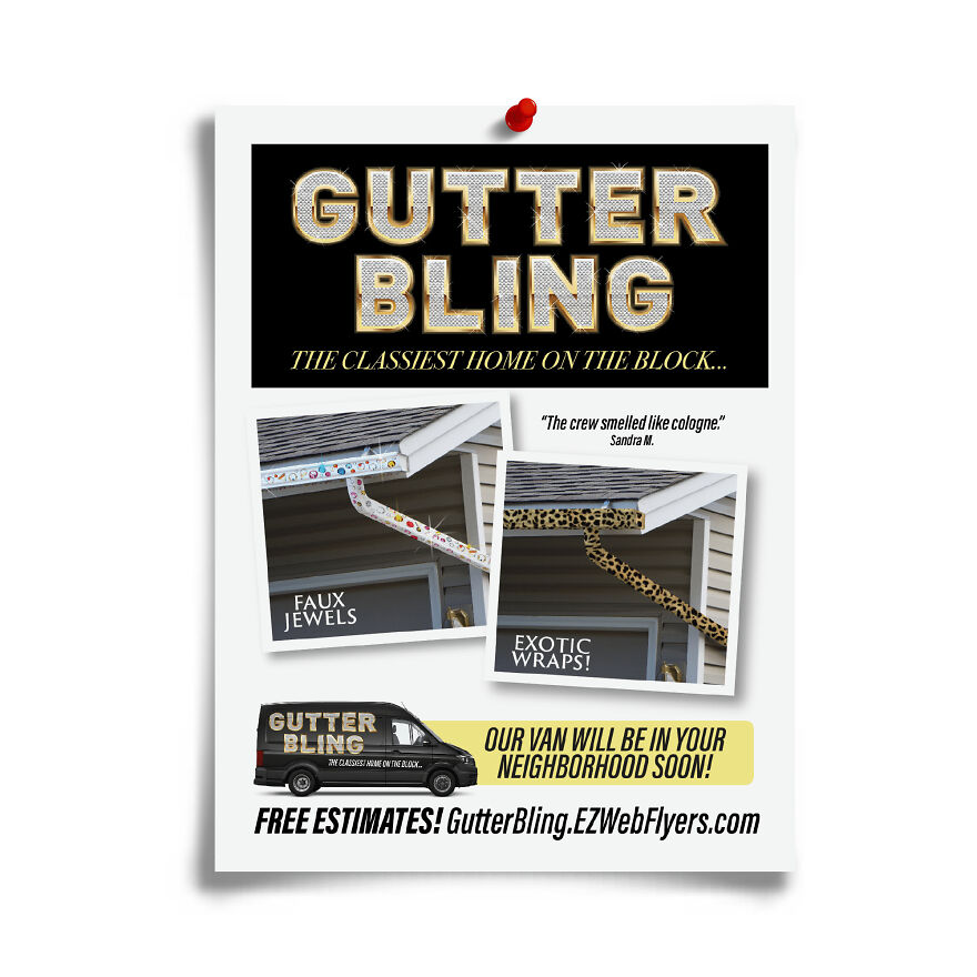 Fake flyer for gutter bling featuring jewel and exotic wrap designs, part of hilarious prank-O fake flyers collection.