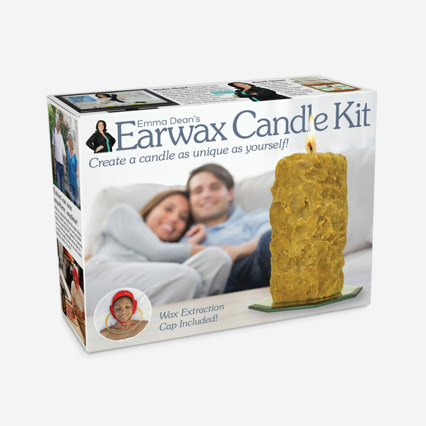 Earwax candle kit prank gift box from The Best Of Prank-O, designed to hilariously confuse friends with fake flyers.