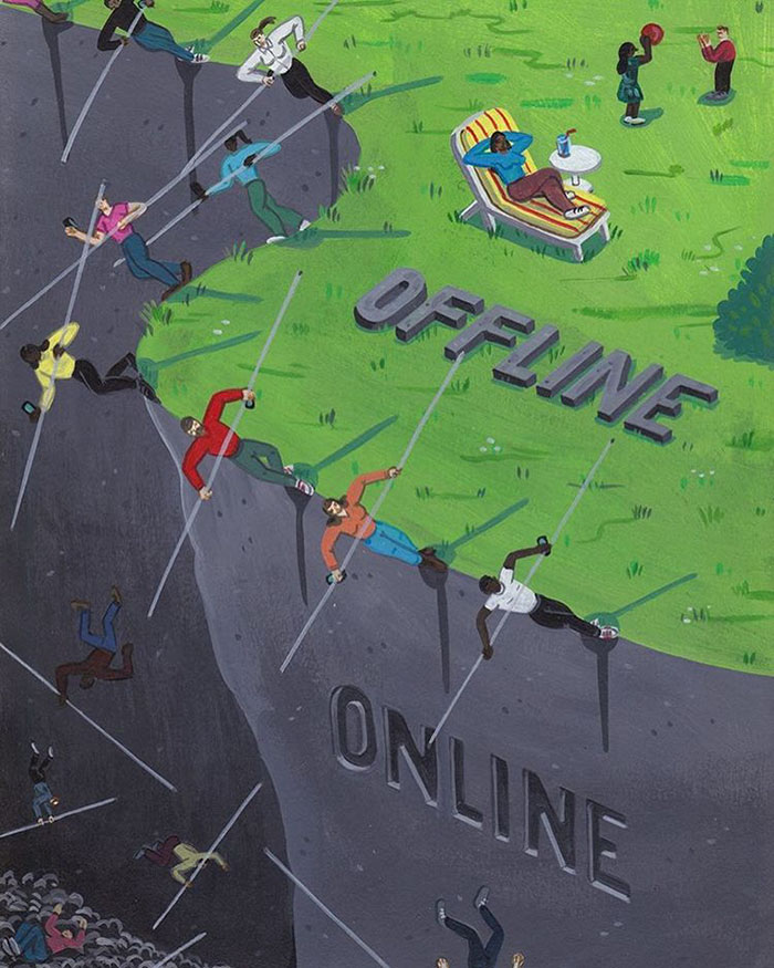 Surreal comic showing people climbing an "offline" grassy cliff with others falling below to an "online" dark area.