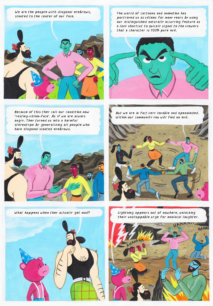 Surreal comic panels by Brecht Vandenbroucke showing colorful characters with diagonal eyebrows and playful interactions.