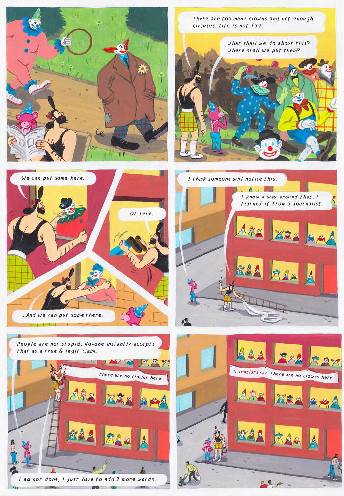 Surreal comic panels by Brecht Vandenbroucke featuring clowns and humorous, weird, and deep themes in a colorful urban setting.