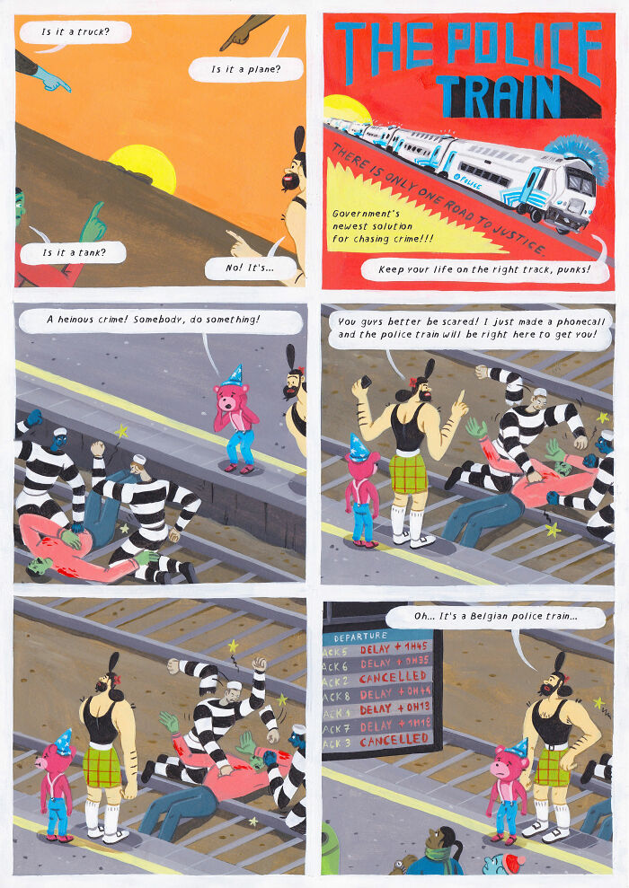 Surreal comic panels featuring a humorous police train chasing criminals with unexpected twists and deep humor.