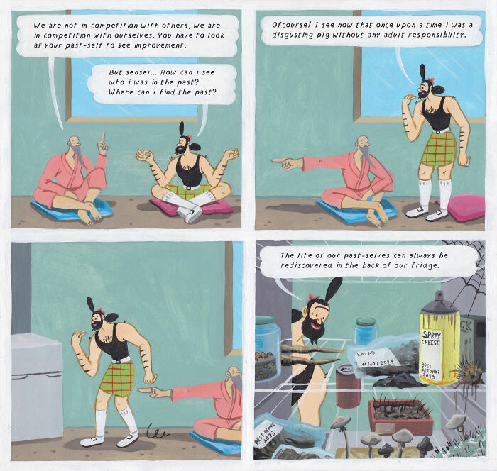Surreal comic by Brecht Vandenbroucke showing a humorous and deep conversation about past selves and self-improvement.