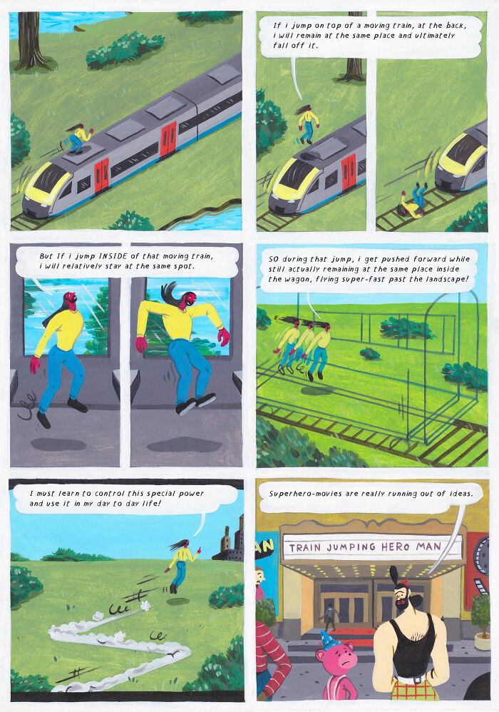 Surreal comic panels by Brecht Vandenbroucke featuring a character jumping on and inside a moving train with unexpected humor.