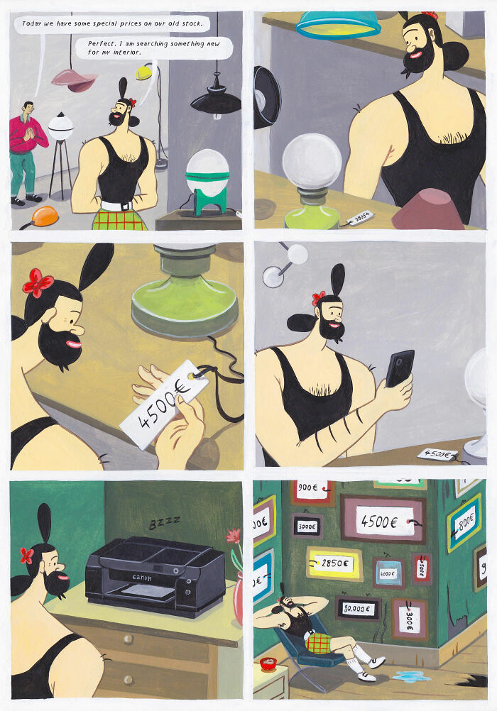 Surreal comic panels by Brecht Vandenbroucke showing a muscular man in a store with high-priced items and humor.