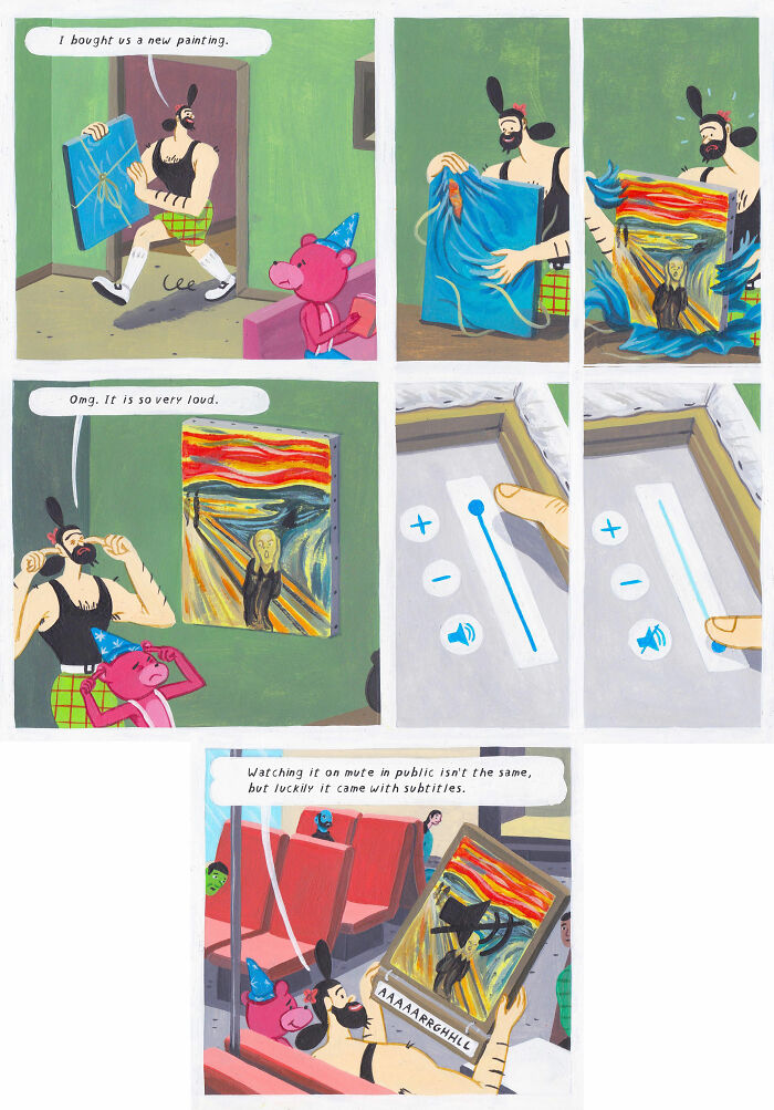 Surreal comic panels showing a man and a pink bear interacting with a loud painting turned down on volume, surreal comics.