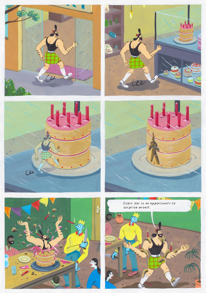 Surreal comic by Brecht Vandenbroucke shows man running into giant cake, causing chaotic birthday party scene.